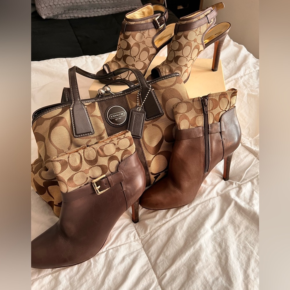 3 PIECE COACH SET Signature C Tote Bag, Coach Open Toe Heels, Coach Mason Bootie